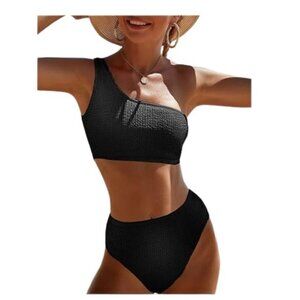 Women’s One Shoulder 2 Piece Bikini Set Ribbed Swimsuit Tummy Control M